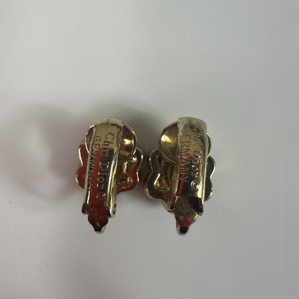 Vintage Christian Dior Gold Tone Rhinestone Flower Clip-On Stud Earrings Germany - Picture 5 of 5